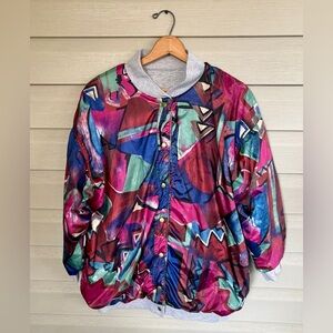 Vintage 90s artistic colorful abstract nylon bomber jacket reversible sz 2XL EUC